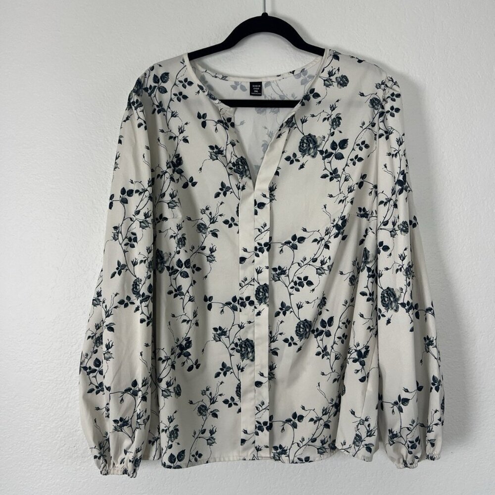 SHEIN White & Grey Floral Rose Womens Plus Size 3X V-Neck Long Sleeve Office